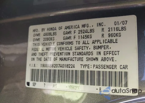 2007 Acura Tl from USA, damaged, VIN 19UUA66207A018224